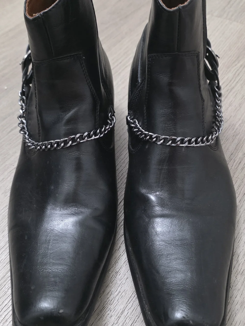 Men's Black Leather Ankle Boots with Silver Chain Accent Size 11